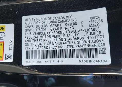 2025 Honda Civic Sport from USA, damaged, VIN 2HGFE2F52SH521182